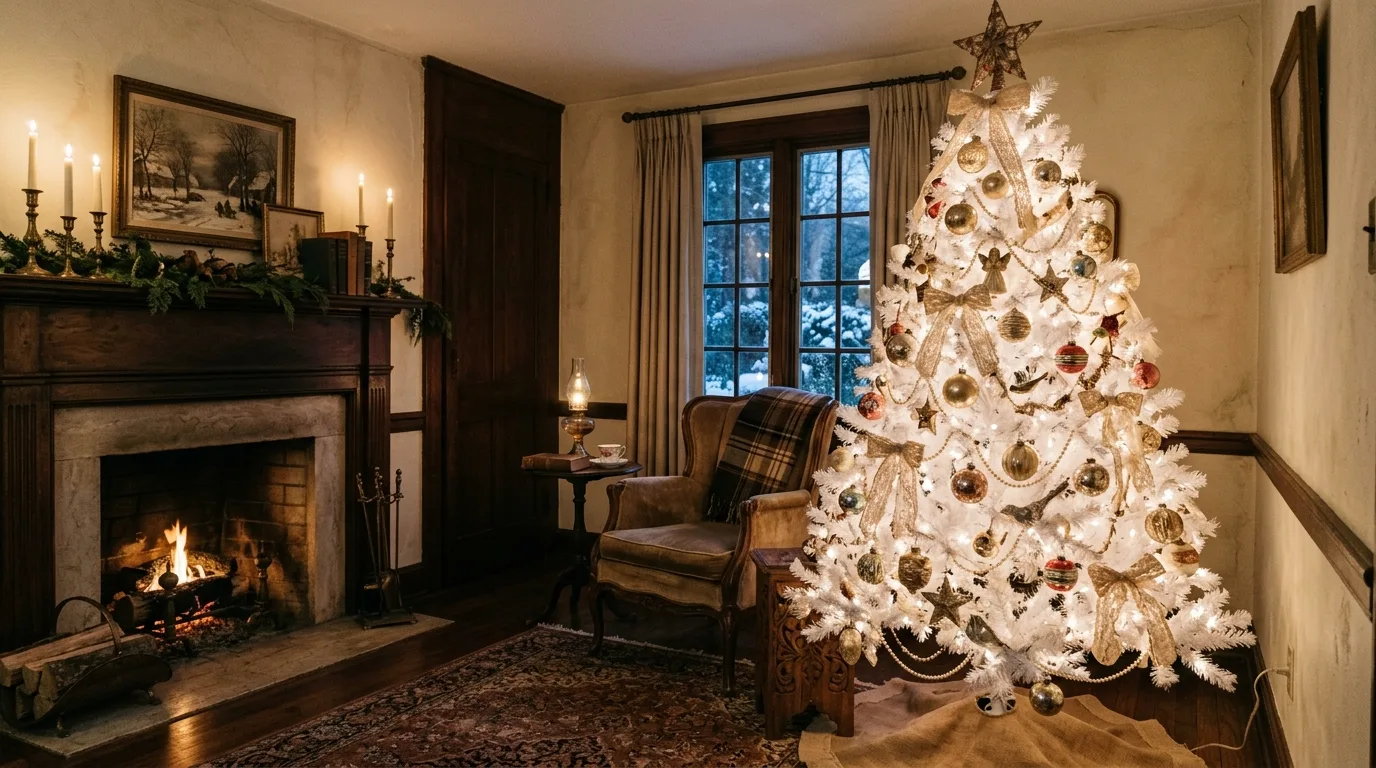 White Christmas tree with vintage-inspired ornaments and lace ribbon.